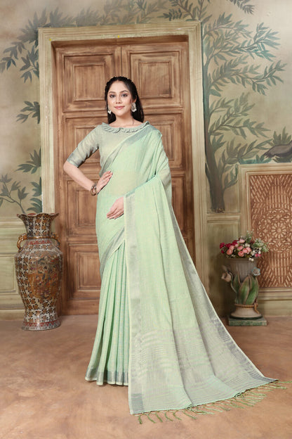Dhiyona GR Women's Rangrez Raw Green Soft Linen Solid Woven Saree
