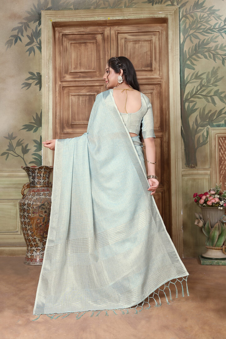 Dhiyona GR Women's Rangrez Ivory Blue Soft Linen Solid Woven Saree