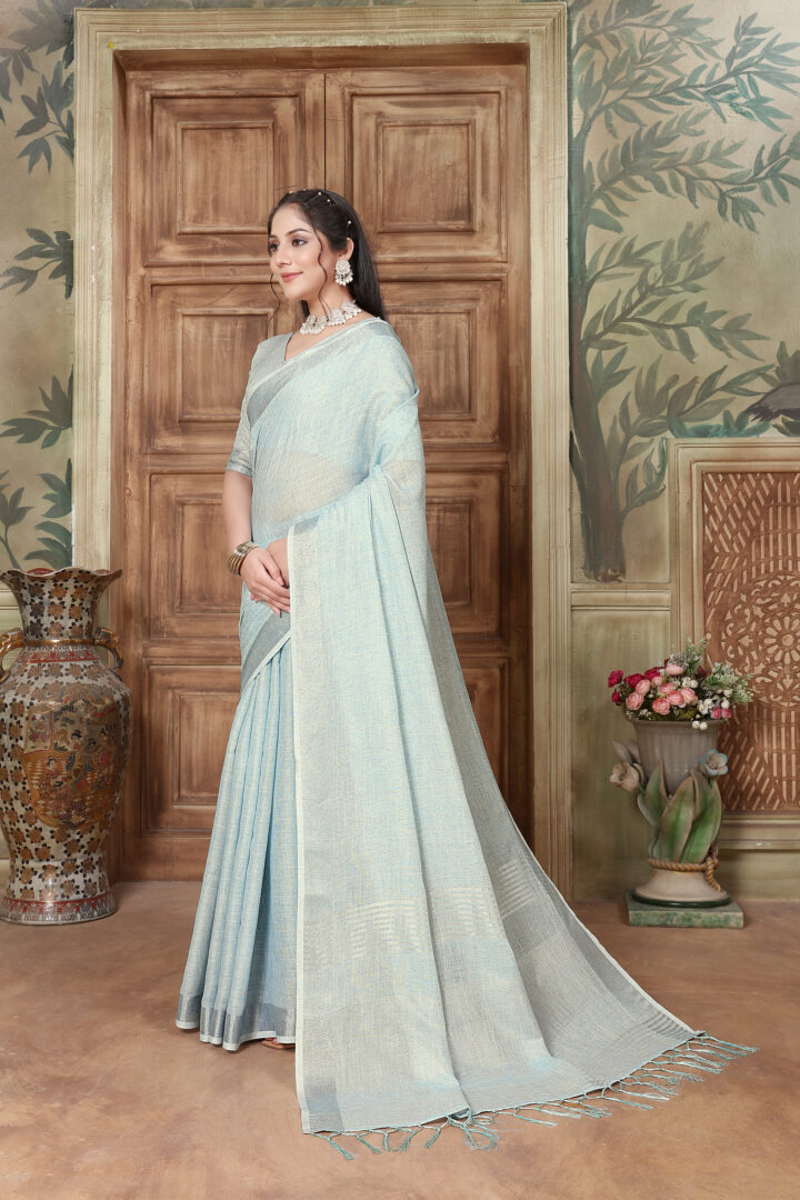 Dhiyona GR Women's Rangrez Ivory Blue Soft Linen Solid Woven Saree