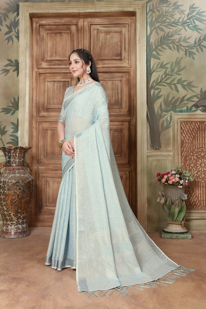 Dhiyona GR Women's Rangrez Ivory Blue Soft Linen Solid Woven Saree