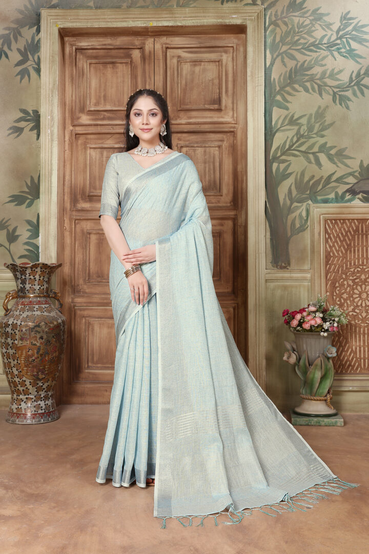 Dhiyona GR Women's Rangrez Ivory Blue Soft Linen Solid Woven Saree