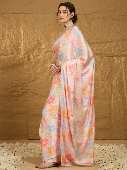 Women's Satin Silk Multicolored Embellished Designer Saree With Blouse Piece