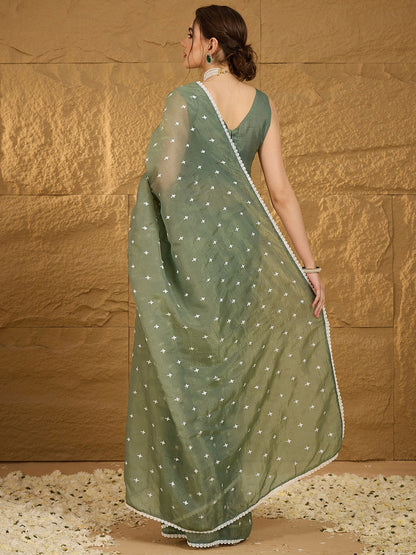 Women's Pure Chiffon Sea Green Embellished Designer Saree With Blouse Piece