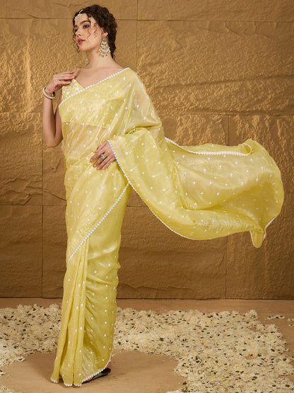 Women's Pure Chiffon Yellow Embellished Designer Saree With Blouse Piece