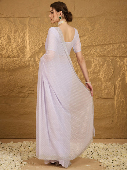 Women's Chiffon Lavendar Embellished Designer Saree With Blouse Piece