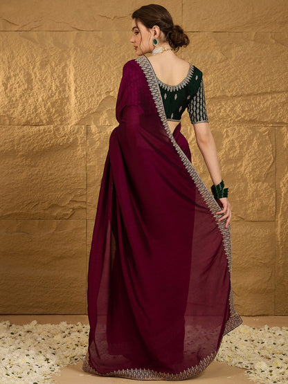 Women's Vichitra Silk Magenta Embroidered Designer Saree With Blouse Piece