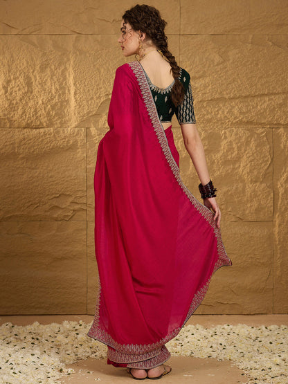Women's Vichitra Silk Pink Embroidered Designer Saree With Blouse Piece