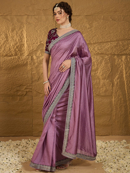 Women's Vichitra Silk Mauve Embroidered Designer Saree With Blouse Piece