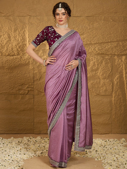 Women's Vichitra Silk Mauve Embroidered Designer Saree With Blouse Piece