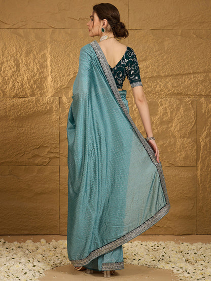 Women's Vichitra Silk Teal blue Embroidered Designer Saree With Blouse Piece