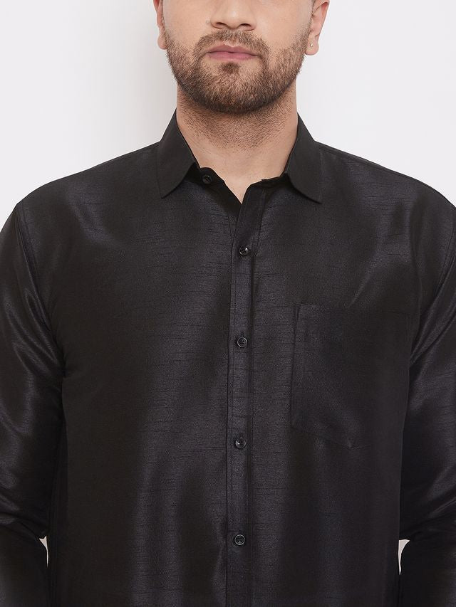 Men's Black Silk Blend Straight Shirt And Mundu