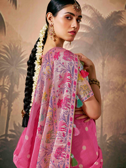 Dhiyona KM Women Gorgeous Pink Banarasi Saree With Multi-Color Floral Weaving &Amp; Matching Pink Blouse