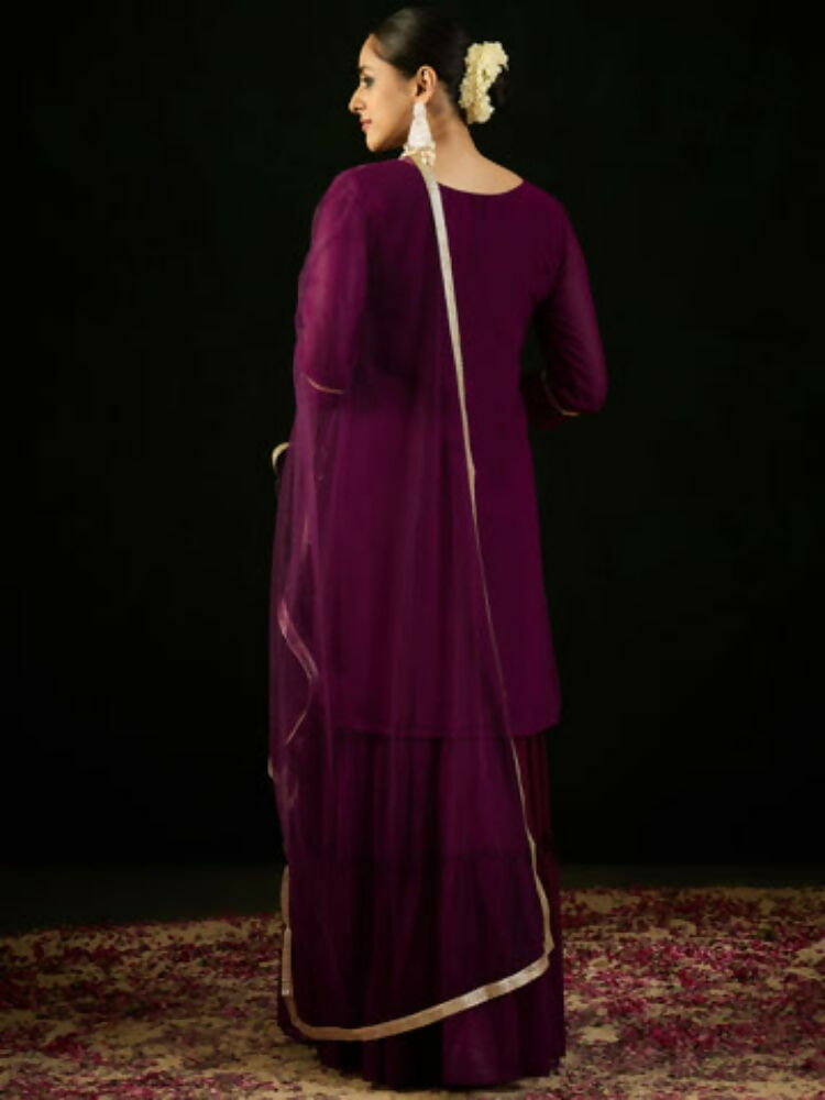 Women's Burgundy Embroidered Straight Kurta Sharara With Dupatta set