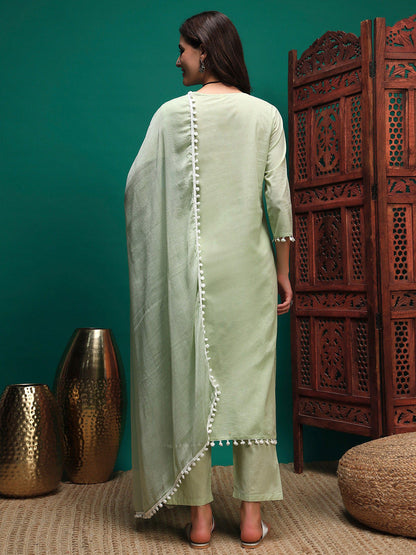 Floral Embroidered Pure Cotton Chikankari Straight Kurta & Trousers With Dupatta