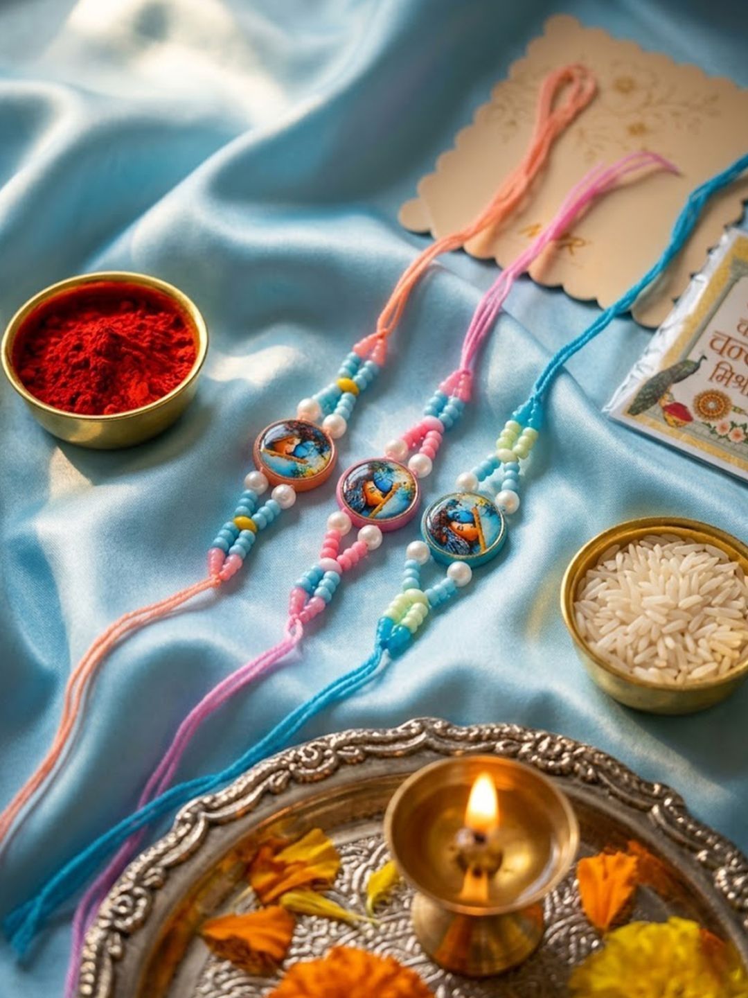 Dhiyona Set Of 3 Radha Krishna Thread Rakhi With Roli Chawal Chandan Mishri