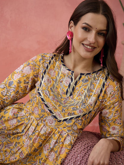 Mustard Floral Printed Pure Cotton Empire Style Anarkali Kurti & Dhoti Pant Set