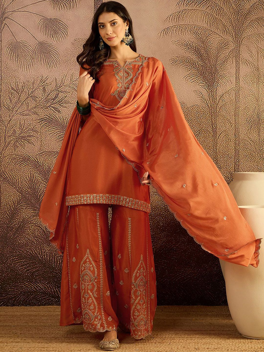 Dhiyona SN Zari Sequence Cording Embroidered Kurta With Palazzo And Dupatta