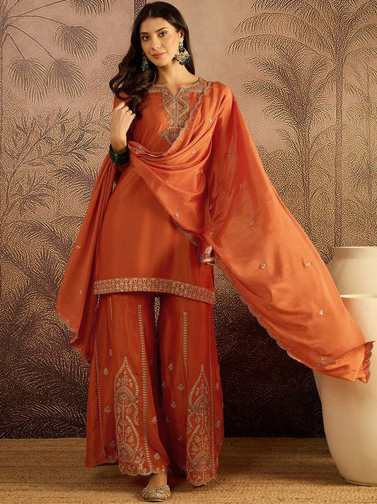 Dhiyona SN Zari Sequence Cording Embroidered Kurta With Palazzo And Dupatta