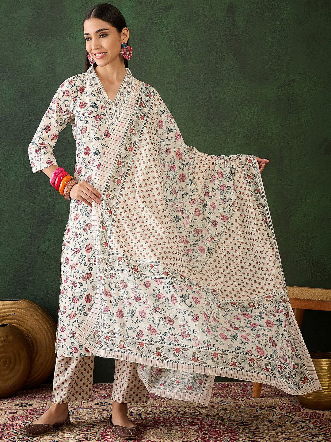 Floral Printed Mirror Work Pure Cotton Kurta & Trousers With Dupatta