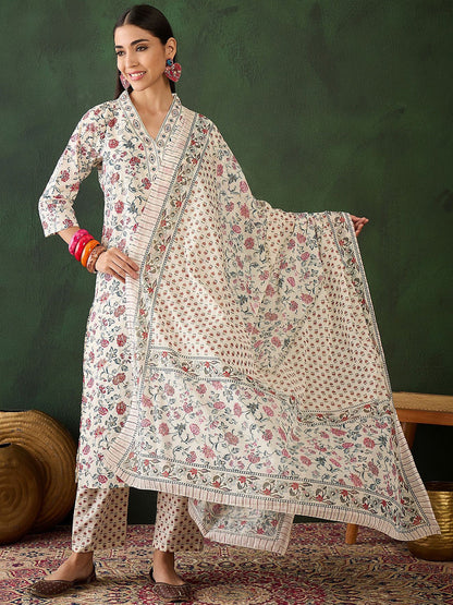 Floral Printed Mirror Work Pure Cotton Kurta & Trousers With Dupatta