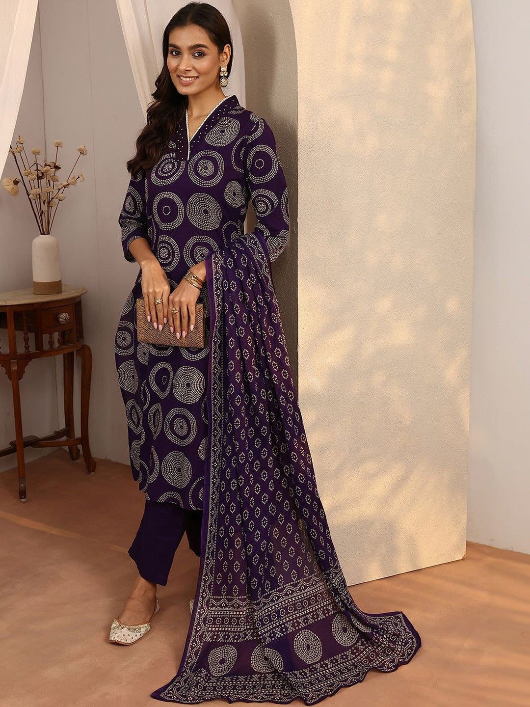Women Bandhani Printed Regular Kurta with Trousers & With Dupatta