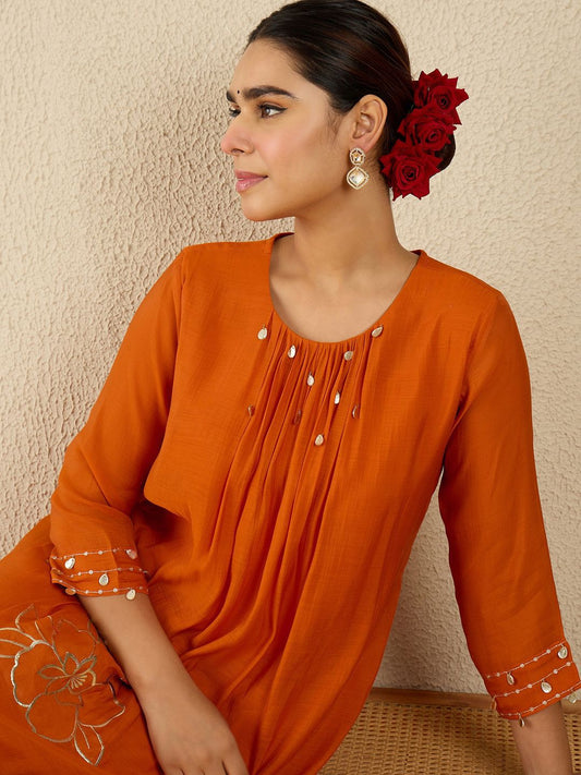 Dhiyona IE Floral Embroidered Round Neck A-Line Tunic With Trousers