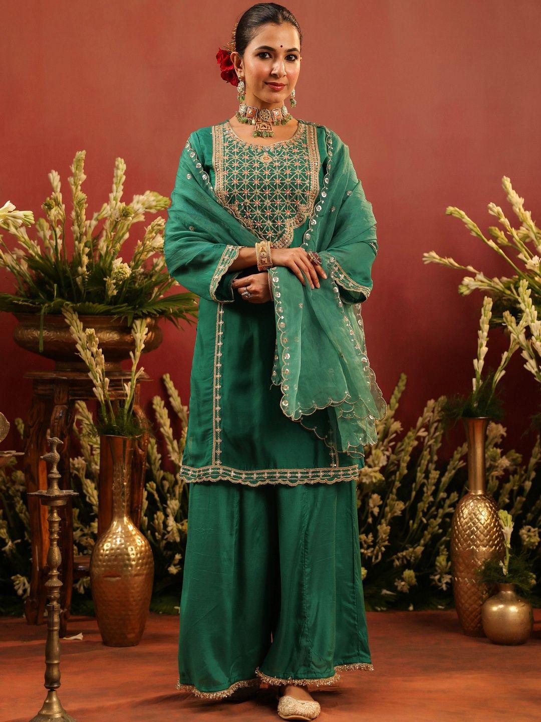Dhiyona SC Women Floral Zari Embroidered Regular Kurta With Sharara & Dupatta Kurta Sets