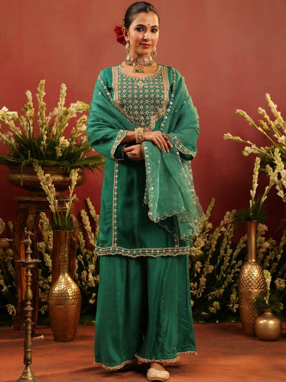 Dhiyona SC Women Floral Zari Embroidered Regular Kurta With Sharara & Dupatta Kurta Sets