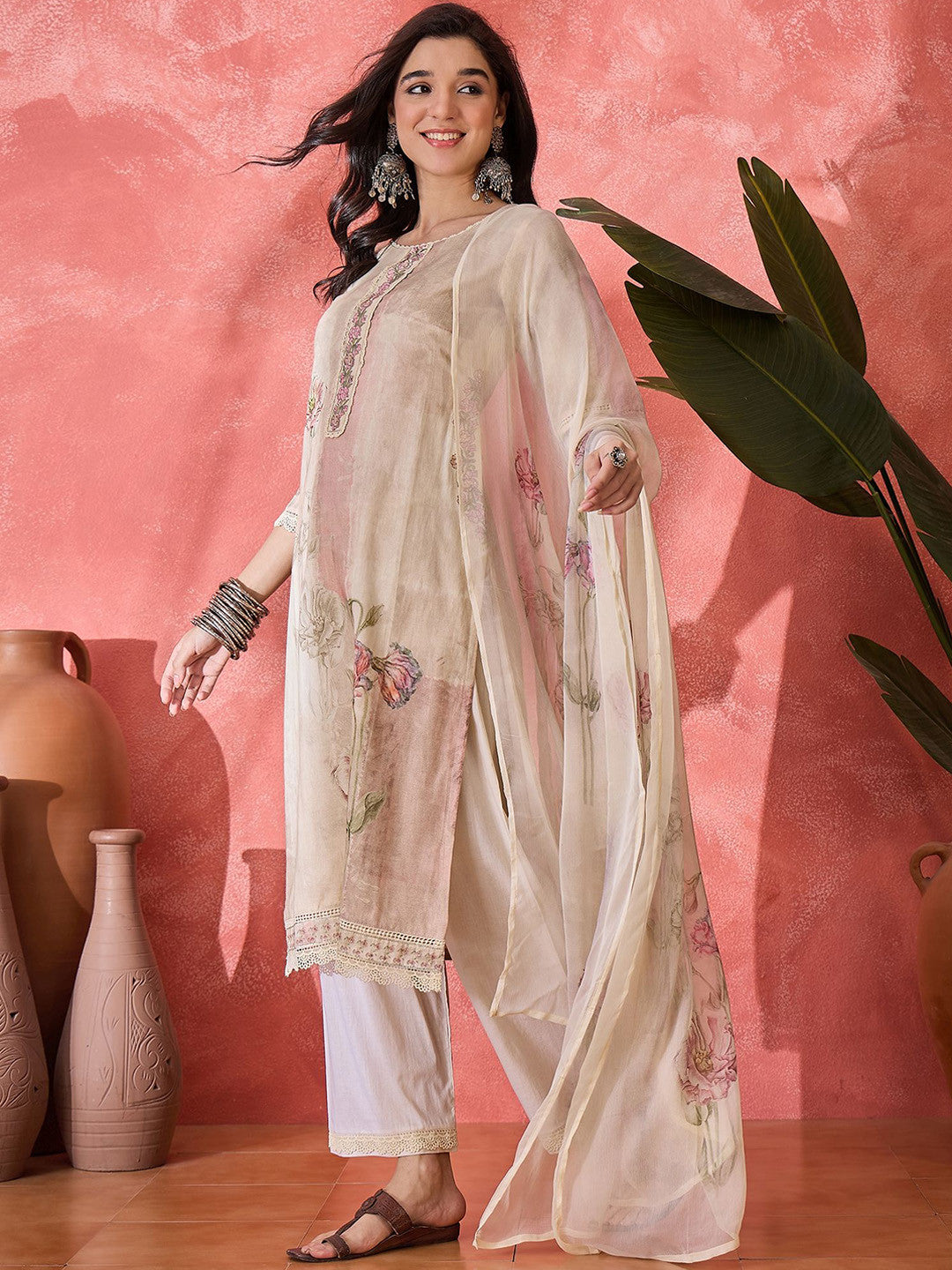 Floral Printed Thread Work Straight Kurta With Trouser & Dupatta