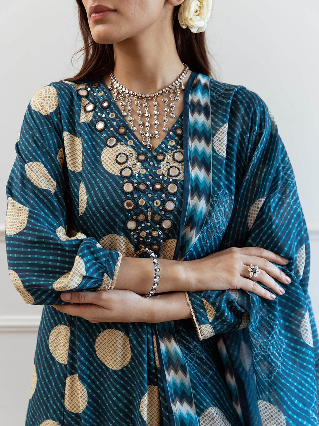 Leheriya Printed V-Neck Mirror Work A-Line Kurta With Trousers And Dupatta
