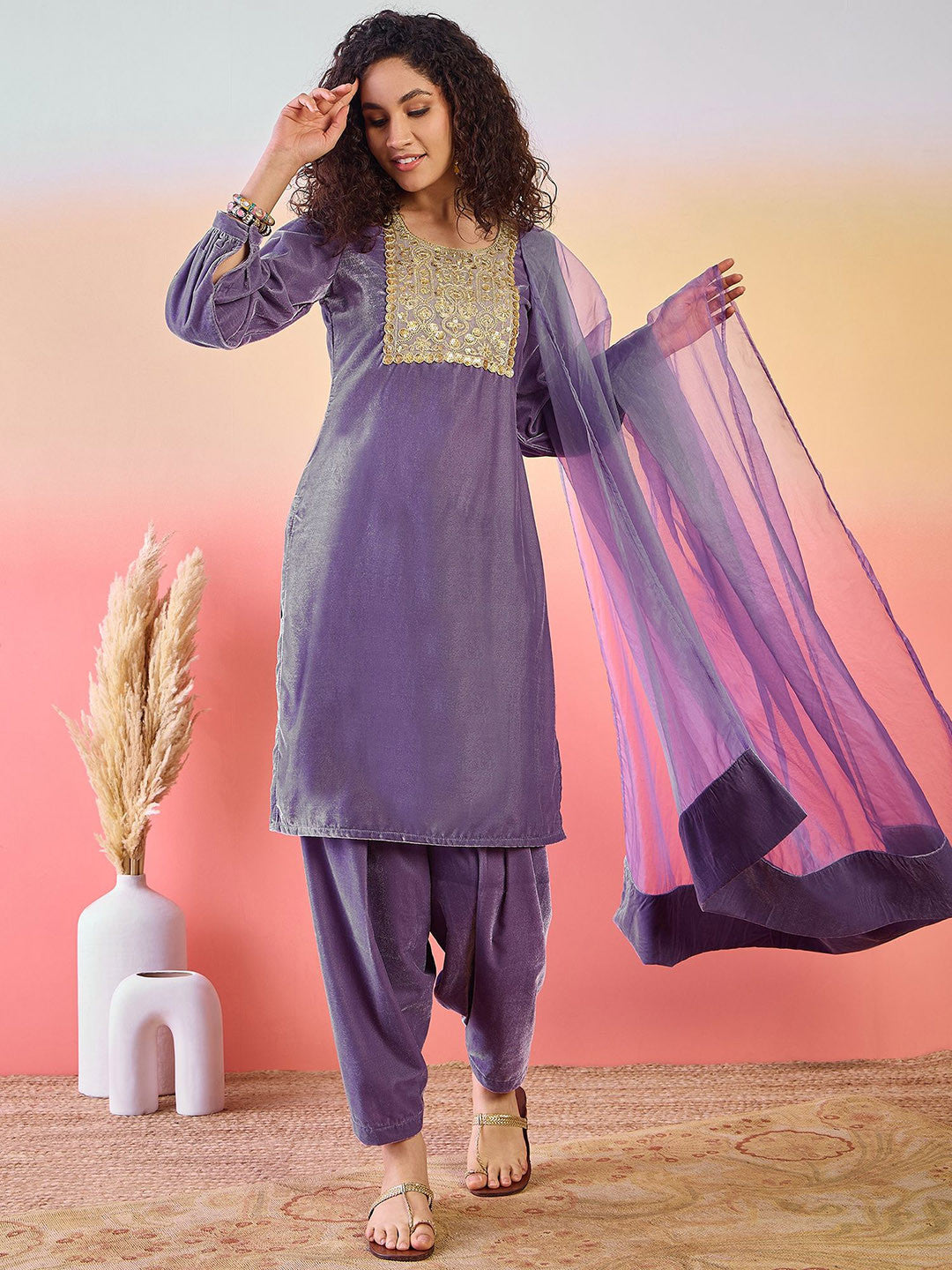 Floral Embroidered Sweetheart Neck Patchwork Velvet Kurta With Salwar & Dupatta