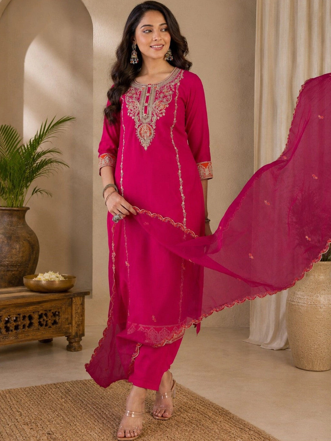 Women Ethnic Motifs Embroidered Regular Thread Work Kurta with Trousers & With Dupatta