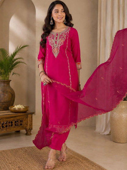 Women Ethnic Motifs Embroidered Regular Thread Work Kurta with Trousers & With Dupatta