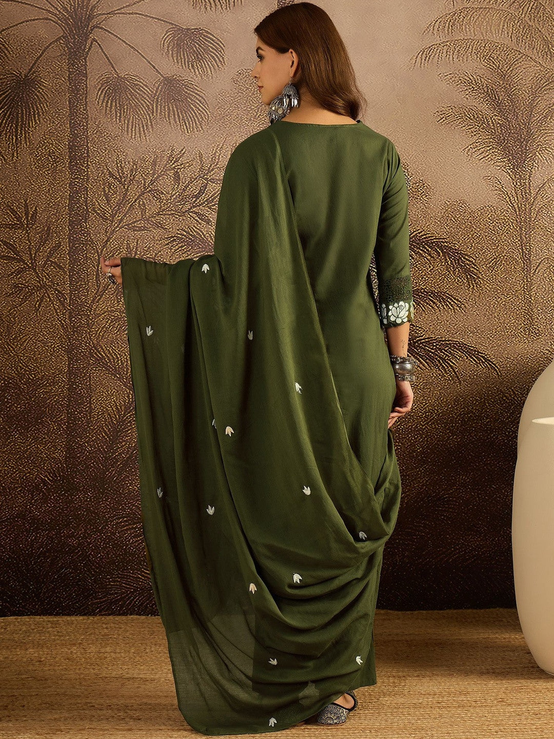 Embroidered Cotton Kurta with Trousers & Dupatta Set