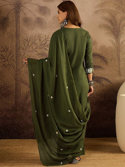 Embroidered Cotton Kurta with Trousers & Dupatta Set