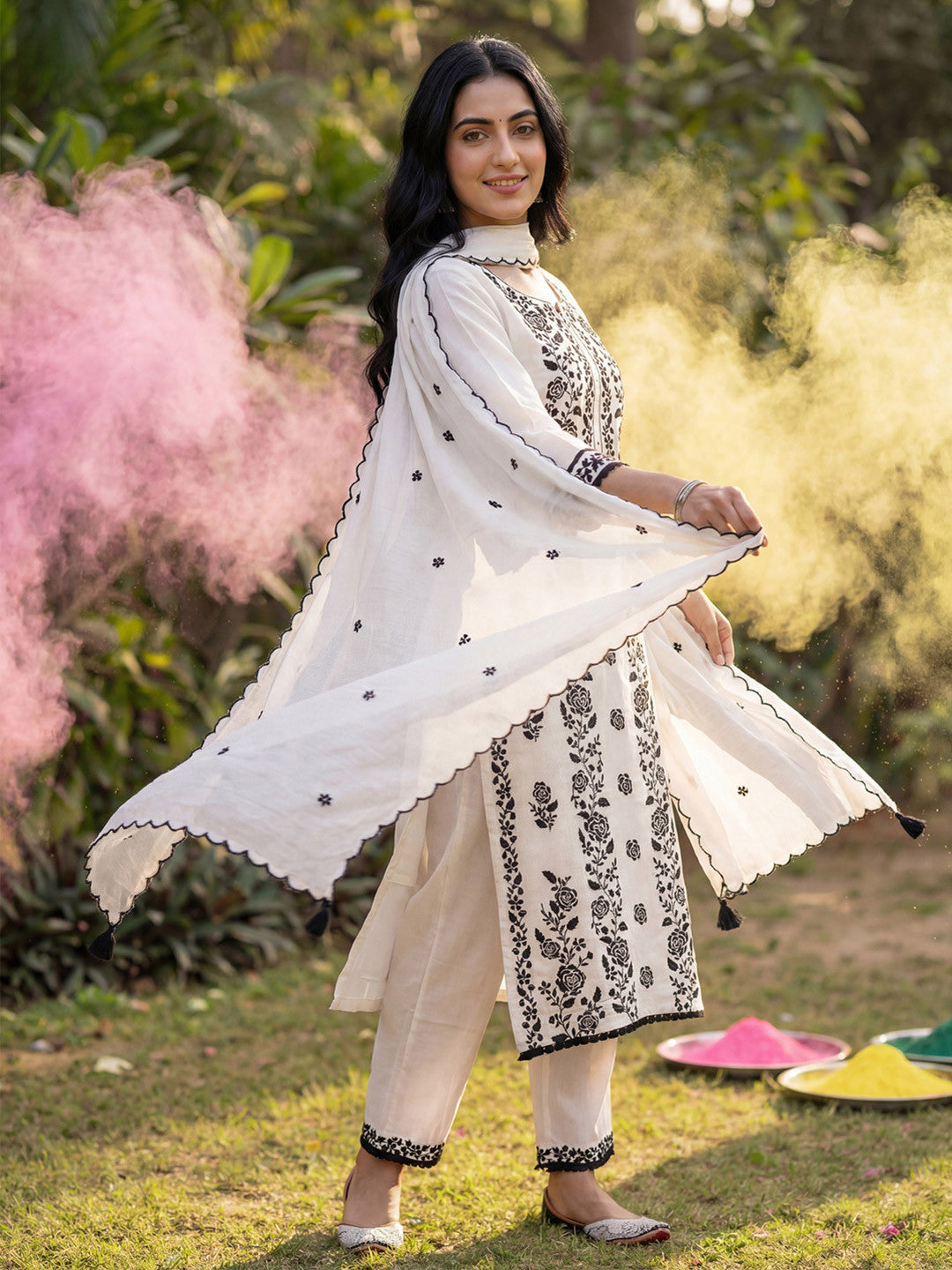 Floral Embroidered Thread Work Kurta With Trousers & Dupatta