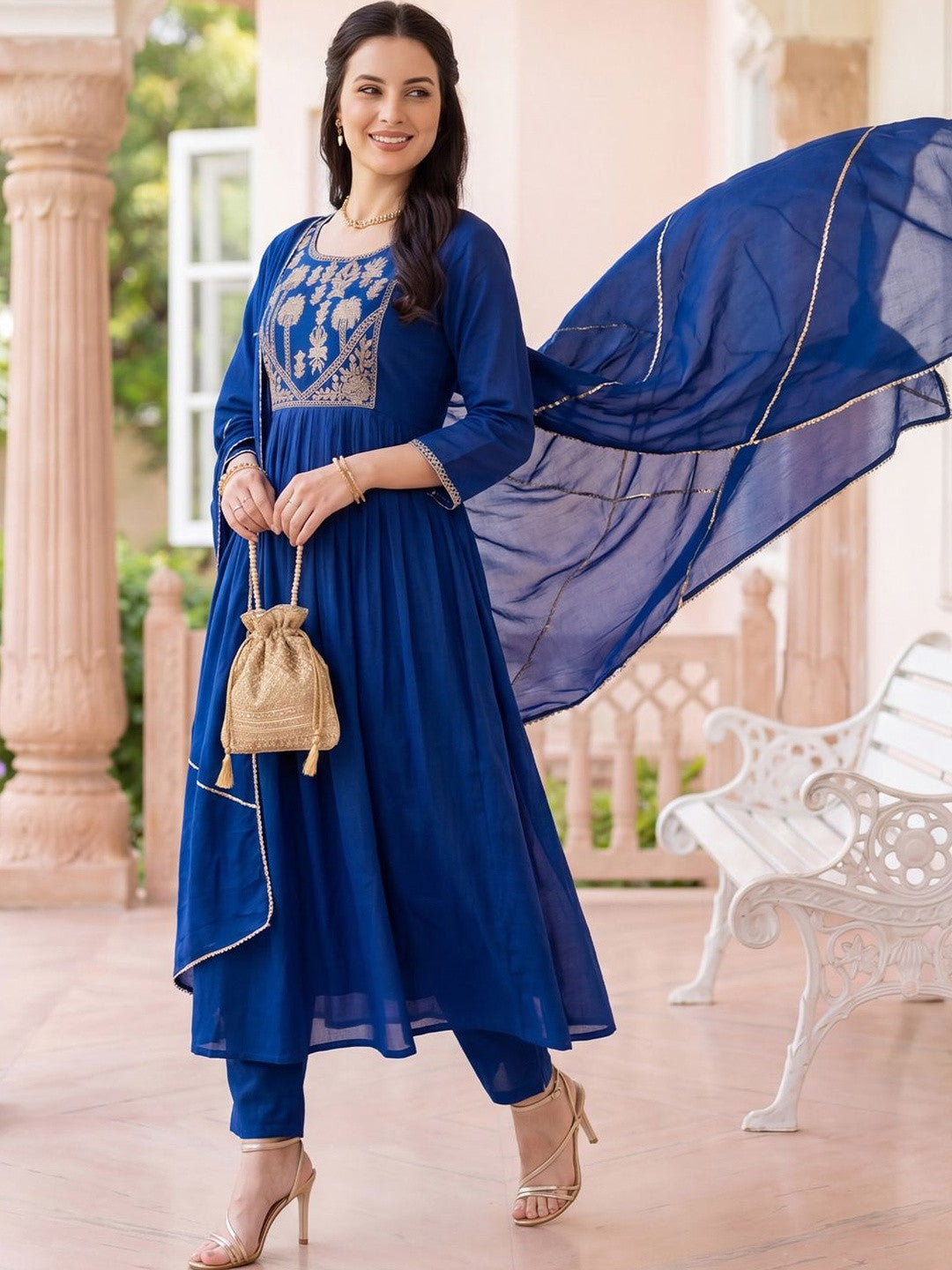 Women Ethnic Motifs Embroidered Tiered Thread Work Kurta with Trousers & With Dupatta