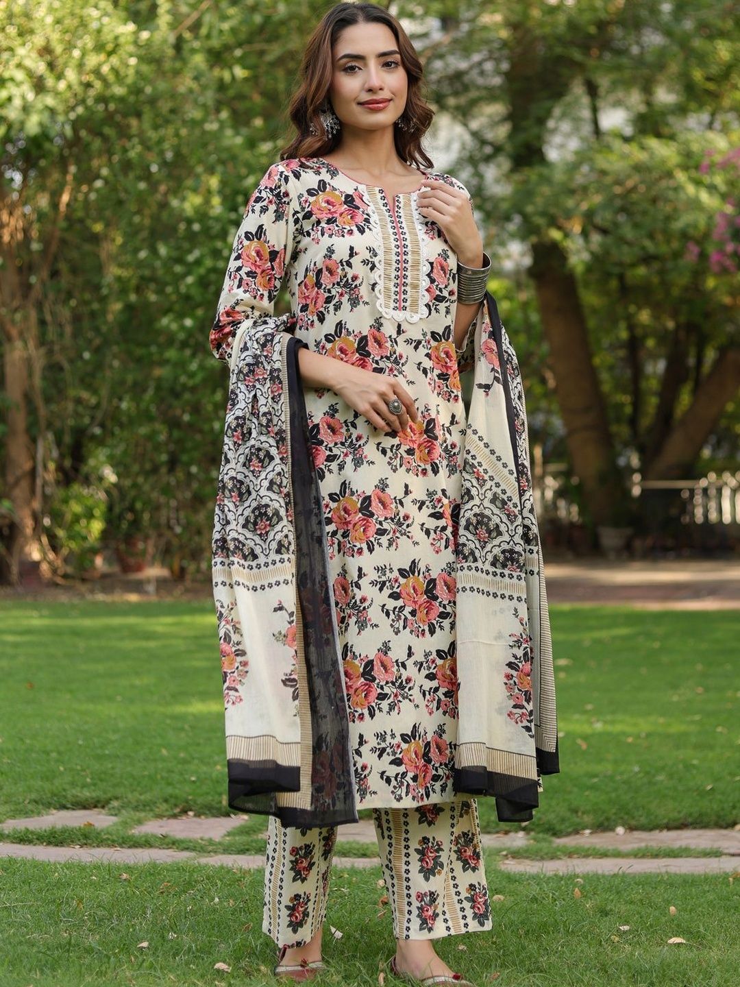 Dhiyona RR Women's Floral Printed Regular Pure Cotton Kurta with Trousers & With Dupatta