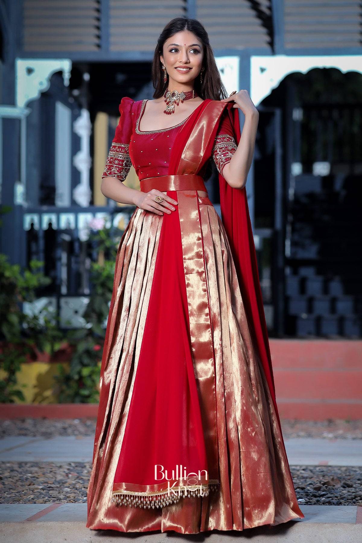 Dhiyona BN Saffron Banarasi Lehenga Set in Wine