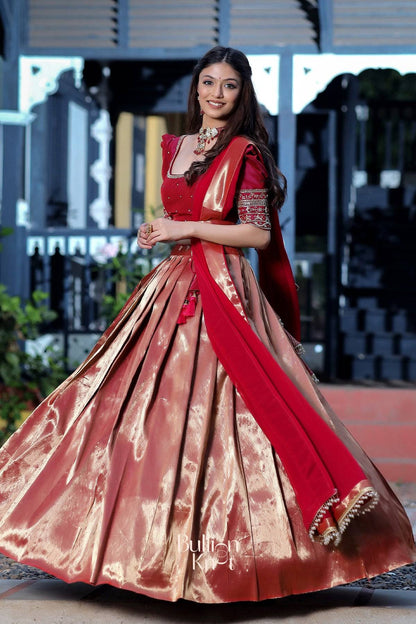 Dhiyona BN Saffron Banarasi Lehenga Set in Wine