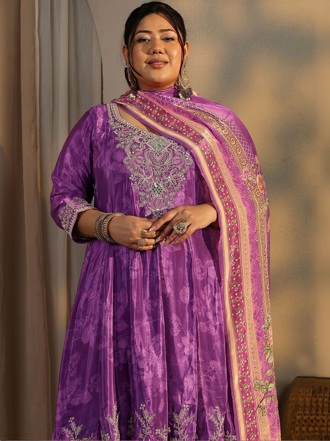 Dhiyona Women's Plus Size Ethnic Motifs Embroidered Kurta with Trouser & Dupatta