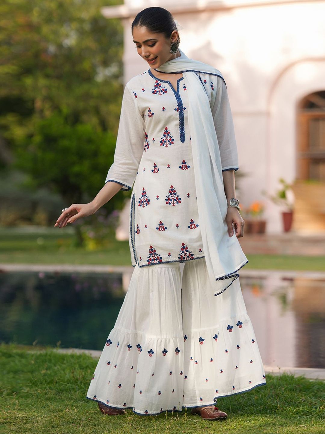 Dhiyona SC Women Embroidered Thread Work Pure Cotton Kurti with Sharara & With Dupatta