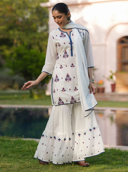 Dhiyona SC Women Embroidered Thread Work Pure Cotton Kurti with Sharara & With Dupatta