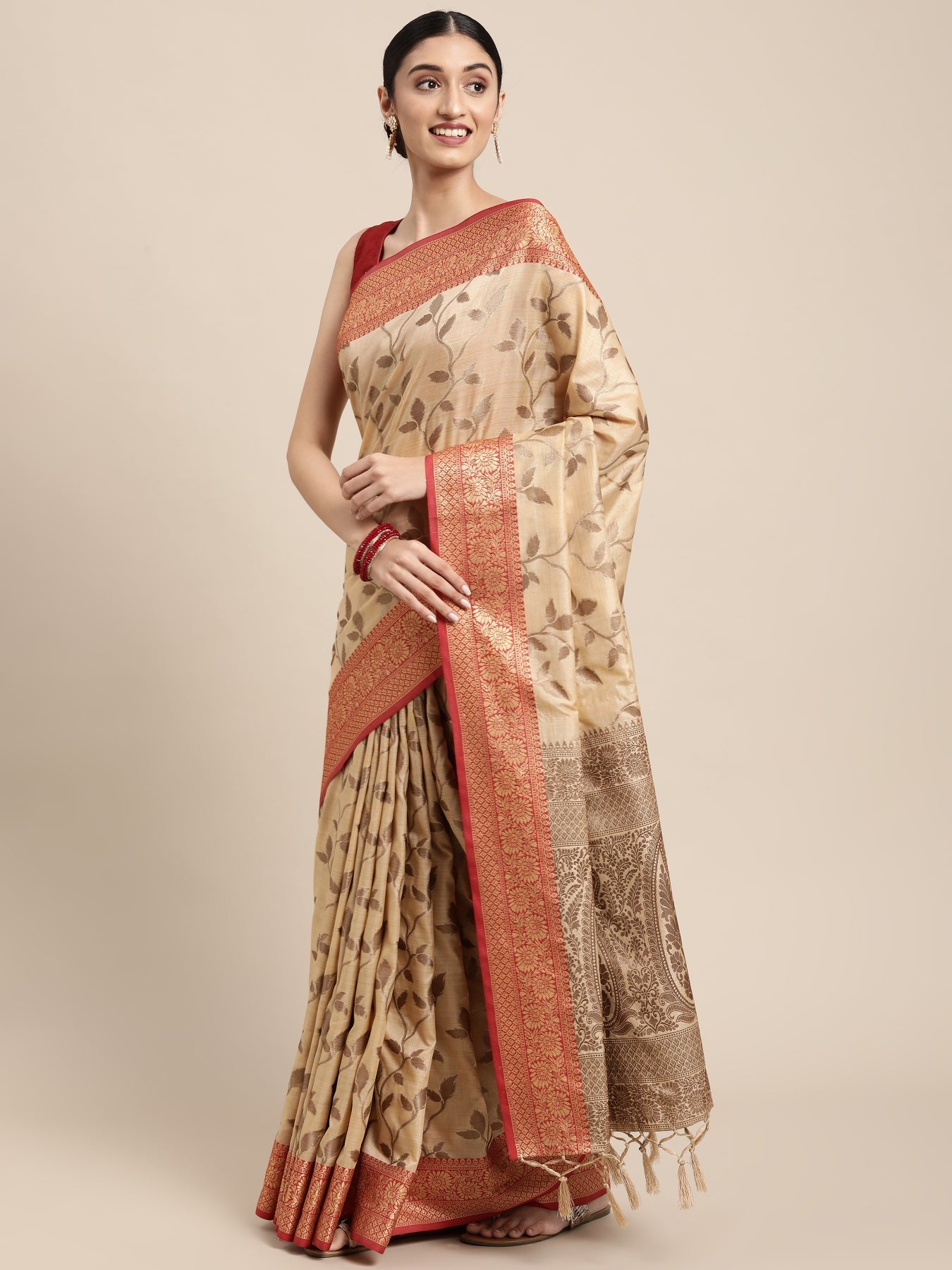 Dhiyona GR Women's Rewaa Bisque Beige Zari Woven Design Banarasi Pure Cotton Saree