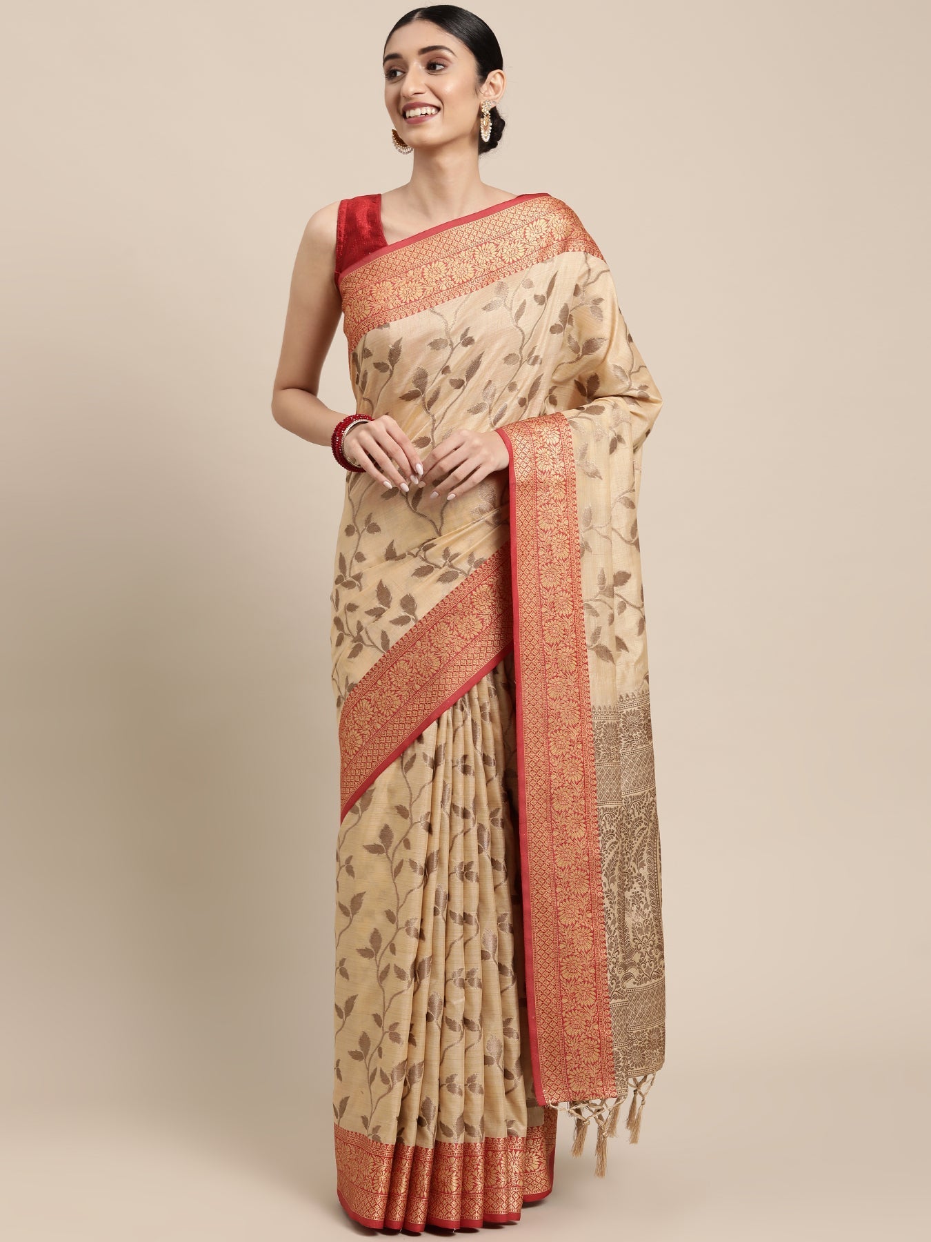 Dhiyona GR Women's Rewaa Bisque Beige Zari Woven Design Banarasi Pure Cotton Saree