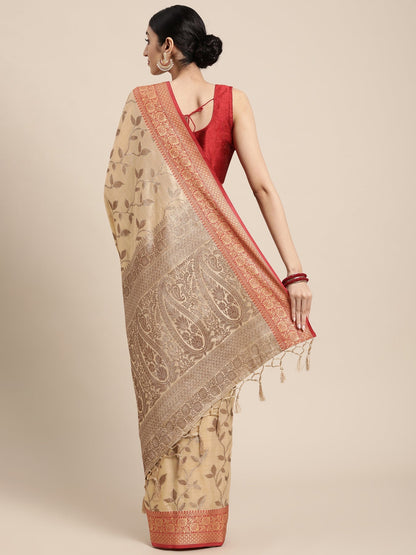 Dhiyona GR Women's Rewaa Bisque Beige Zari Woven Design Banarasi Pure Cotton Saree