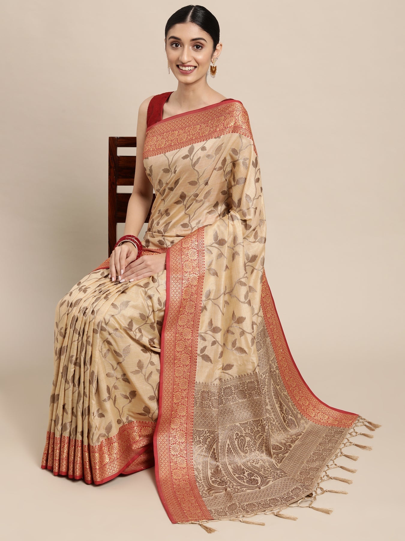 Dhiyona GR Women's Rewaa Bisque Beige Zari Woven Design Banarasi Pure Cotton Saree