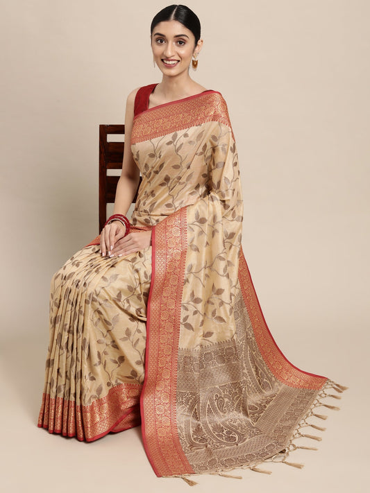 Dhiyona GR Women's Rewaa Bisque Beige Zari Woven Design Banarasi Pure Cotton Saree