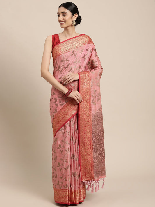 Dhiyona GR Women's Rewaa Mauvelous Pink Zari Woven Design Banarasi Pure Cotton Saree