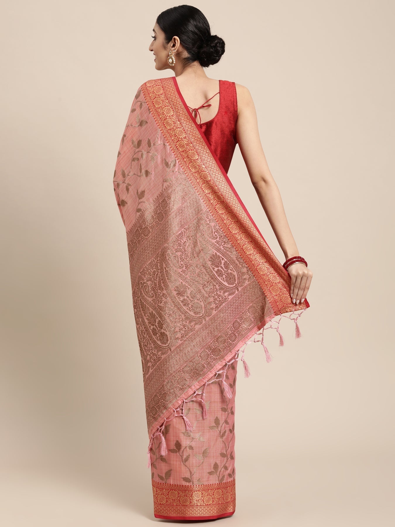 Dhiyona GR Women's Rewaa Mauvelous Pink Zari Woven Design Banarasi Pure Cotton Saree
